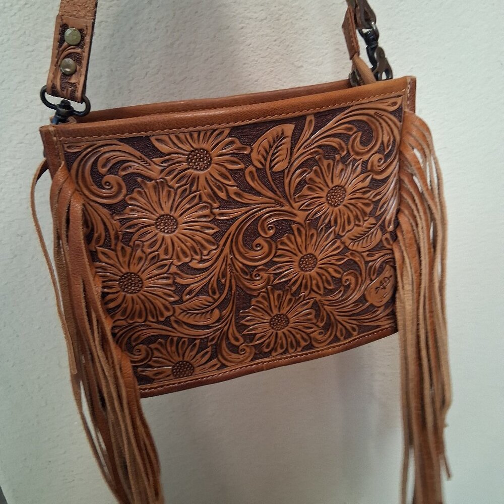 Like New American Darling Sunflower Handtooled Leather Crossbody Bag